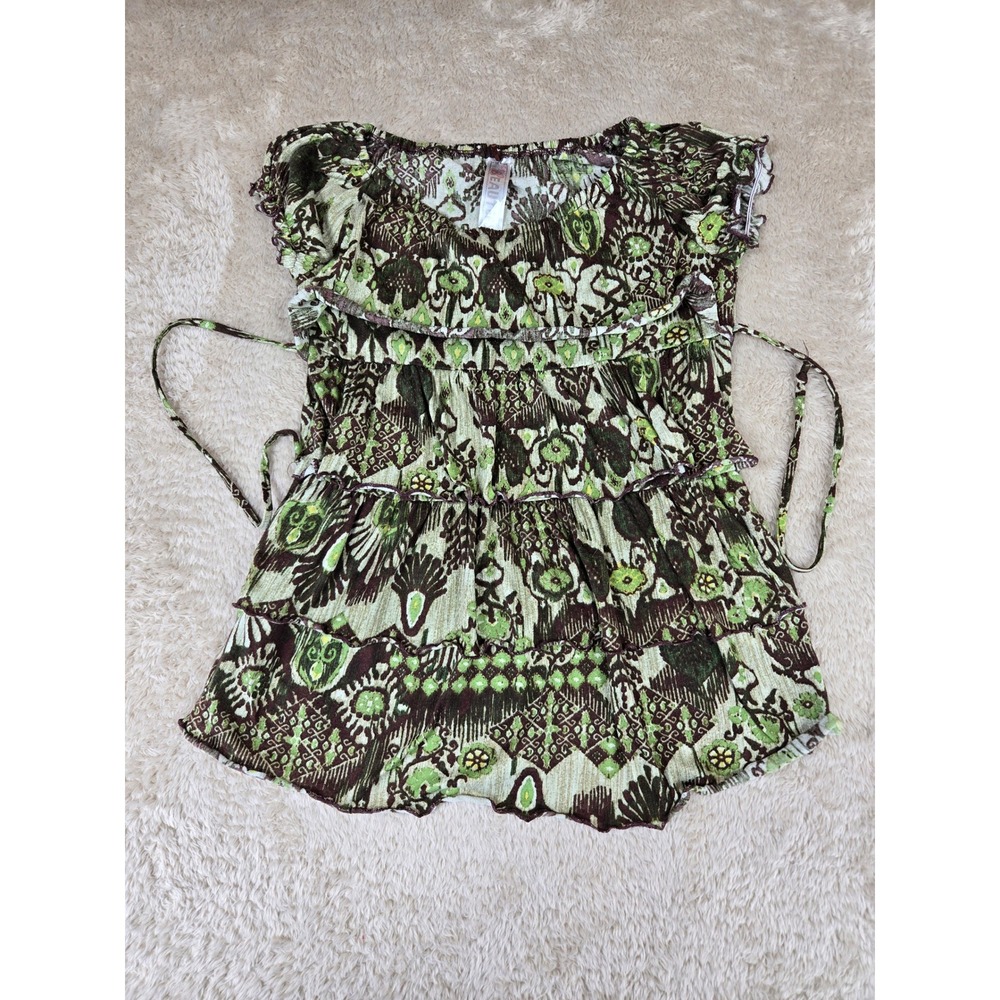 Beautees Womens Green Brown Medallion Print Tiered Babydoll Tunic Top Size M